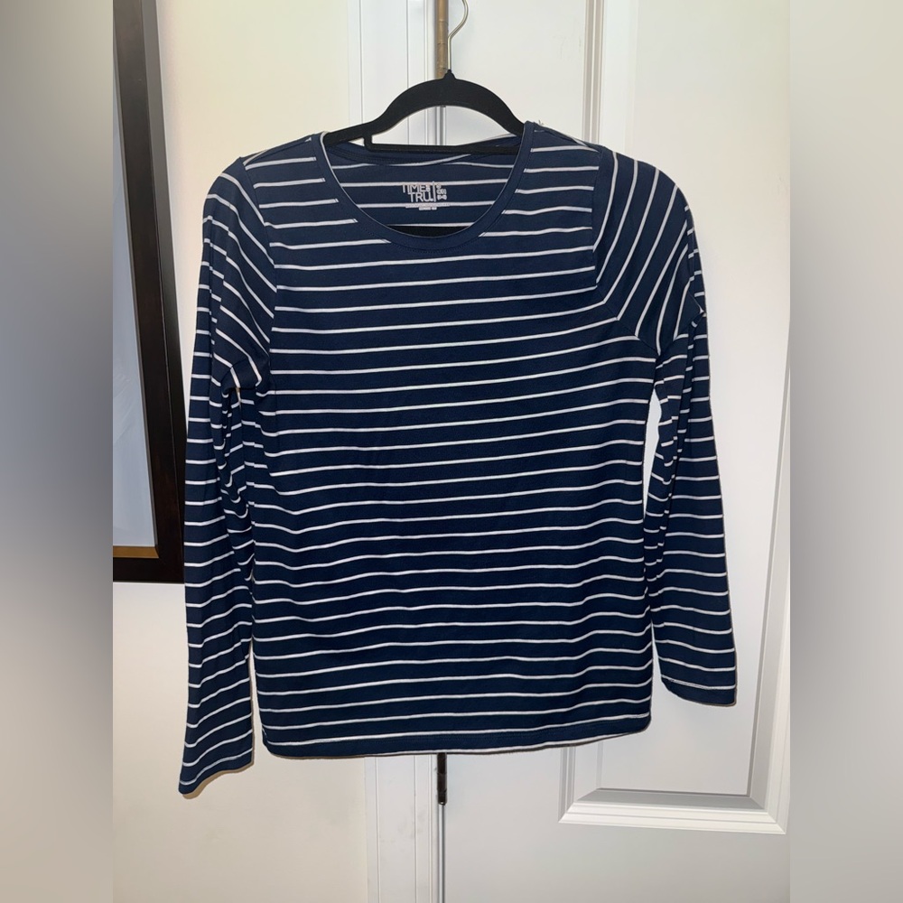 Time and Tru Navy Blue and White Striped Top